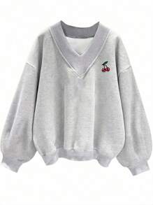 SHEIN EZwear 女士 V 领超大可爱樱桃刺绣图案宽松休闲运动衫，适合街头风格、户外穿着、秋冬季 Y2K