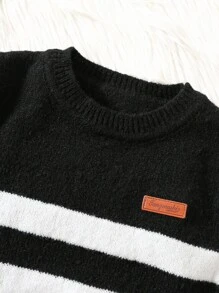 SHEIN 1pc Young Boy Casual Cute Daily Comfortable Knit Black & White Striped Crew Neck Sweater, Back To School , Suitable For Birthday Party, Evening Party, Performance, Wedding, Baptism, School Opening Ceremony, Daily Wear, Travel, Sports, Autumn/Winter Season Fall - Black and White - View 4