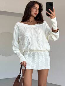 Aloruh Rochie mini pulover cu mânecă lungă, tricotată, stil vintage, cu umeri goi, sexy, mulată, stil toamnă/iarnă