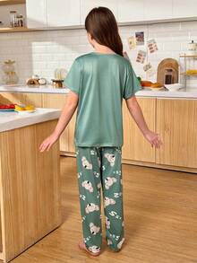 SHEIN 2 件可爱考拉印花女童睡衣套装，短袖上衣和长裤 - 彩色 - 查看 2