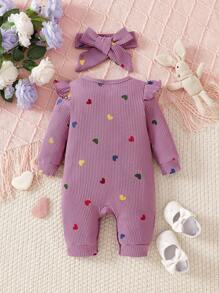 SHEIN 情人节新生儿爱心印花连体衣，舒适针织休闲连体衣配发带，秋冬季款 - 紫色 - 查看 2