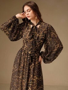 Anewsta New Autumn Vacation Style Sexy Leopard Print V-Neck Long Sleeve Cinched Waist Bow Dress For Women - Multicolor - View 6