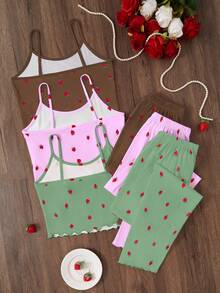 SHEIN 3件套草莓印花吊带背心和裤子睡衣套装女士睡衣套装夏季睡衣套装草莓睡衣套装草莓印花睡衣套装两件套睡衣套装 - 彩色 - 查看 2