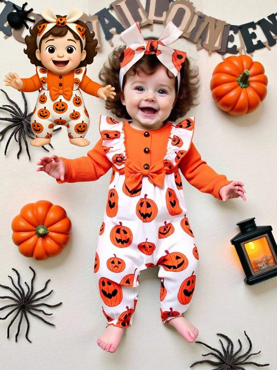 SHEIN 1件装女婴万圣节服装，罗纹面料荷叶边蝴蝶结南瓜印花连体衣，配发带，可爱连体衣，适合秋/春季穿着，万圣节南瓜宝宝套装，适合万圣节派对秋冬季