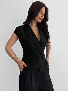 Firerie 女士花卉印花收腰薄款西装外套，优雅办公室装，商务夹克，春夏秋 - 黑色 - 查看 6