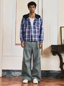 SWAVVY Men's Woven Plaid Casual Long Sleeve Hooded Shirt, For Fall