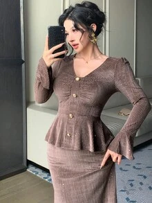 DAZY 2 件套女士 V 领束腰长袖上衣和鱼尾裙，优雅派对装，纹理亮片面料 - 咖啡棕 - 查看 3