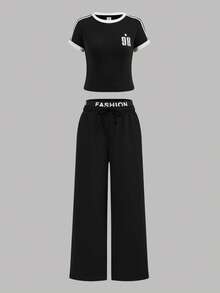 SHEIN Polyester Black Long-Length Co-Ords Set Featuring Short Sleeve Tee And Drawstring Pants Two Pieces Women Sets Women Pants And Top Set Co Ord Sets Matching Set Girl Co Ord Sets Matching Outfits Woman Women Fashion Set - Black - View 11