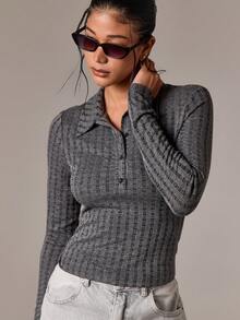 AiiRZ Pointelle Knit Long Sleeve Henley Button Up Crop Top Form Fitting Ribbed Fall Winter Fashion Classic Collar Retro Style - Khaki - View 1