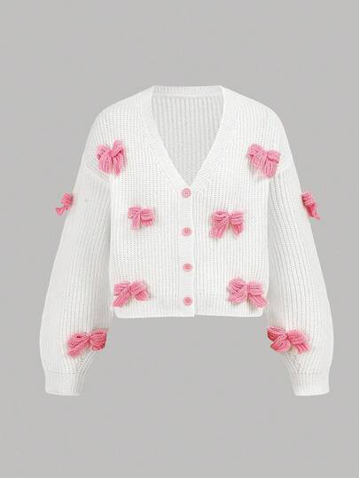 SHEIN Girlism Teen Girls Pink Three-Dimensional Bow Accessories Cute Minimalist Cardigan, Long Sleeve Tops,Suitable For Autumn And Winter Girls Cardigan With Bows Kids Bow Cardigan Cute Cardigan For Girls Girls White Cardigan Pink And White Cardigan Fall Pink Bow Cardigan Cardigans For Girls