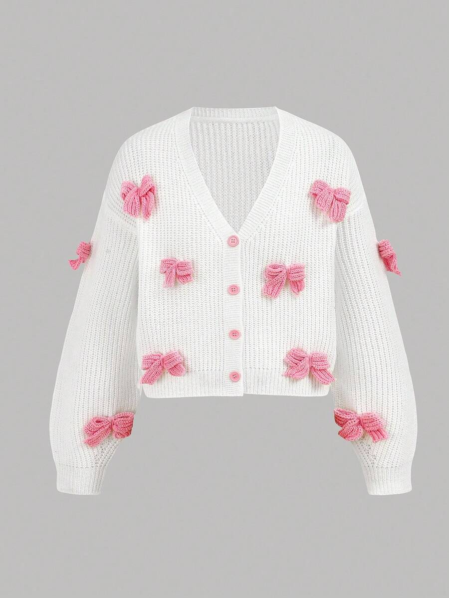 SHEIN Girlism Teen Girls Pink Three-Dimensional Bow Accessories Cute Minimalist Cardigan, Long Sleeve Tops,Suitable For Autumn And Winter Girls Cardigan With Bows Kids Bow Cardigan Cute Cardigan For Girls Girls White Cardigan Pink And White Cardigan Fall Pink Bow Cardigan Cardigans For Girls - White - View 1