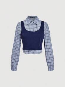 SHEIN MOD Women's Blue Plaid 2 In 1 Shirt Blouse, Long Sleeve Shirt For Autumn, Back To School Season - Blue - View 1