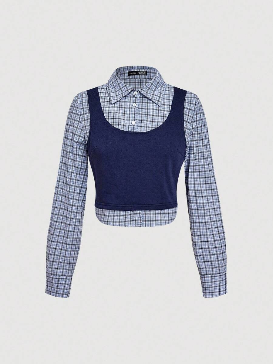 SHEIN MOD Women's Blue Plaid 2 In 1 Shirt Blouse, Long Sleeve Shirt For Autumn, Back To School Season - Blue - View 1
