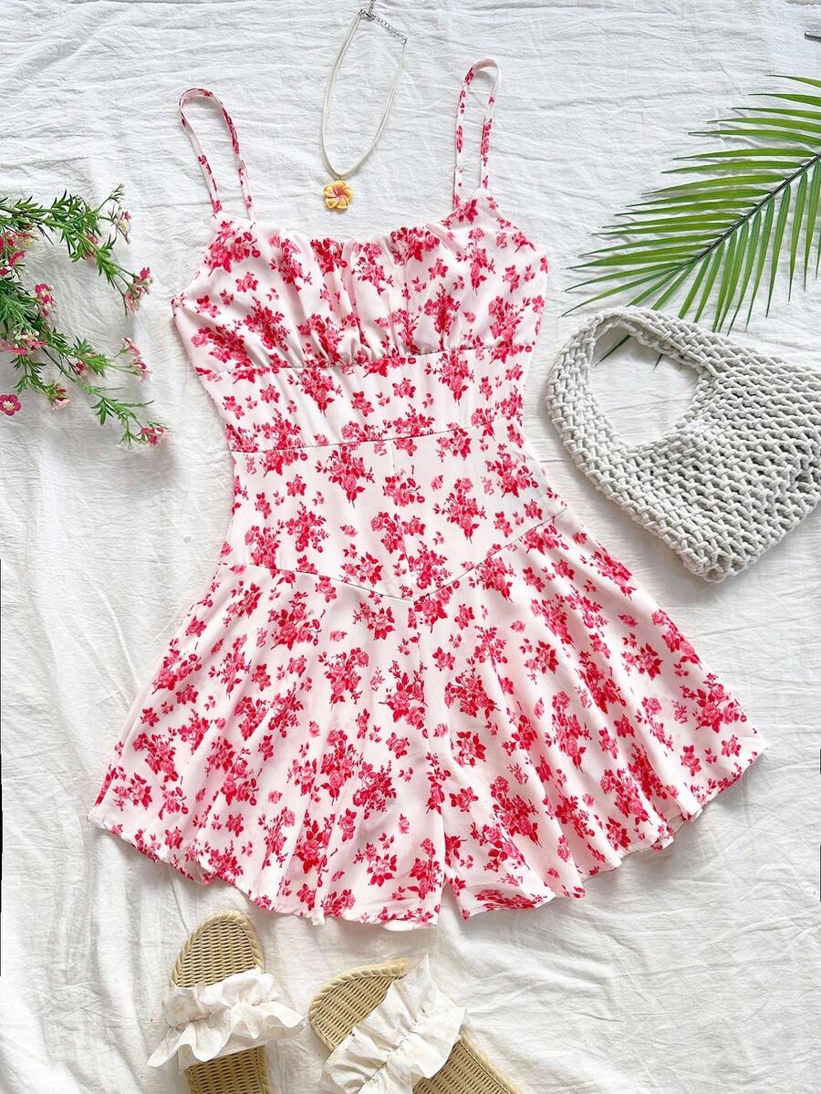 Soleia Ditsy Floral Print Ruched Bust Cami Romper - Red - View 1