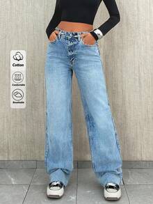 EURMUSE Jeans a vita alta e gamba dritta in denim color azzurro pastello stile anni '90 - Lavaggio chiaro - Visualizzare 2