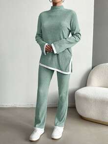 EURMUSE Cotton Contrast Binding Split Hem Tee & Pants - Mint Green - View 4