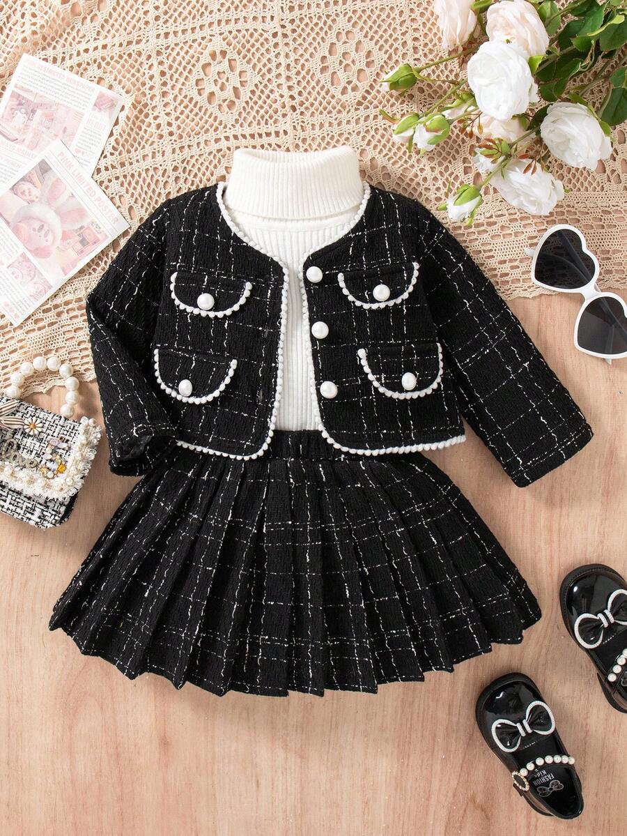 SHEIN 2pcs Baby Girl Autumn/Winter New Style 2025 Korean Fashion Set, Stylish Ribbon Pocket Decorated Cardigan & Pleated Skirt, Elegant Princess Outfit For Party/Birthday Fall - Black - View 1