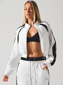 Menodora SHEIN Sport 女式拼色运动短款立领夹克轻便户外秋冬女装 - 黑與白 - 查看 4