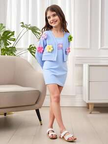 2 件套 Tween 女童彩色 3D 花卉装饰夹克和花卉印花吊带背心连衣裙套装，秋冬季可爱度假风格 - 藍色 - 查看 10