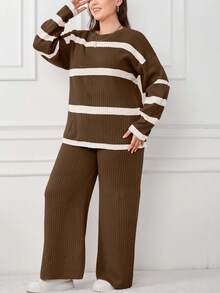 EURMUSE STRIPE DESIGN PLUS SIZE SWEATER CO-ORDS - Brown - View 5