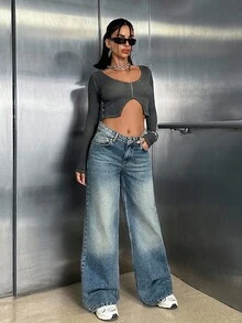 WOMEN WIDE LEG LOW WAIST JEANS Y2k Jeans Oversized Jeans Low Rise Jeans Wide Leg Jeans Flared Jeans Cowgirl Jeans Low Rise Jeans Y2k - Medium Wash - View 4