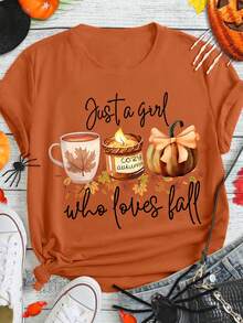 EMERY ROSE Pumpkin Spice Autumn Printed Casual Plus Size T-Shirt Halloween - Brown - View 1