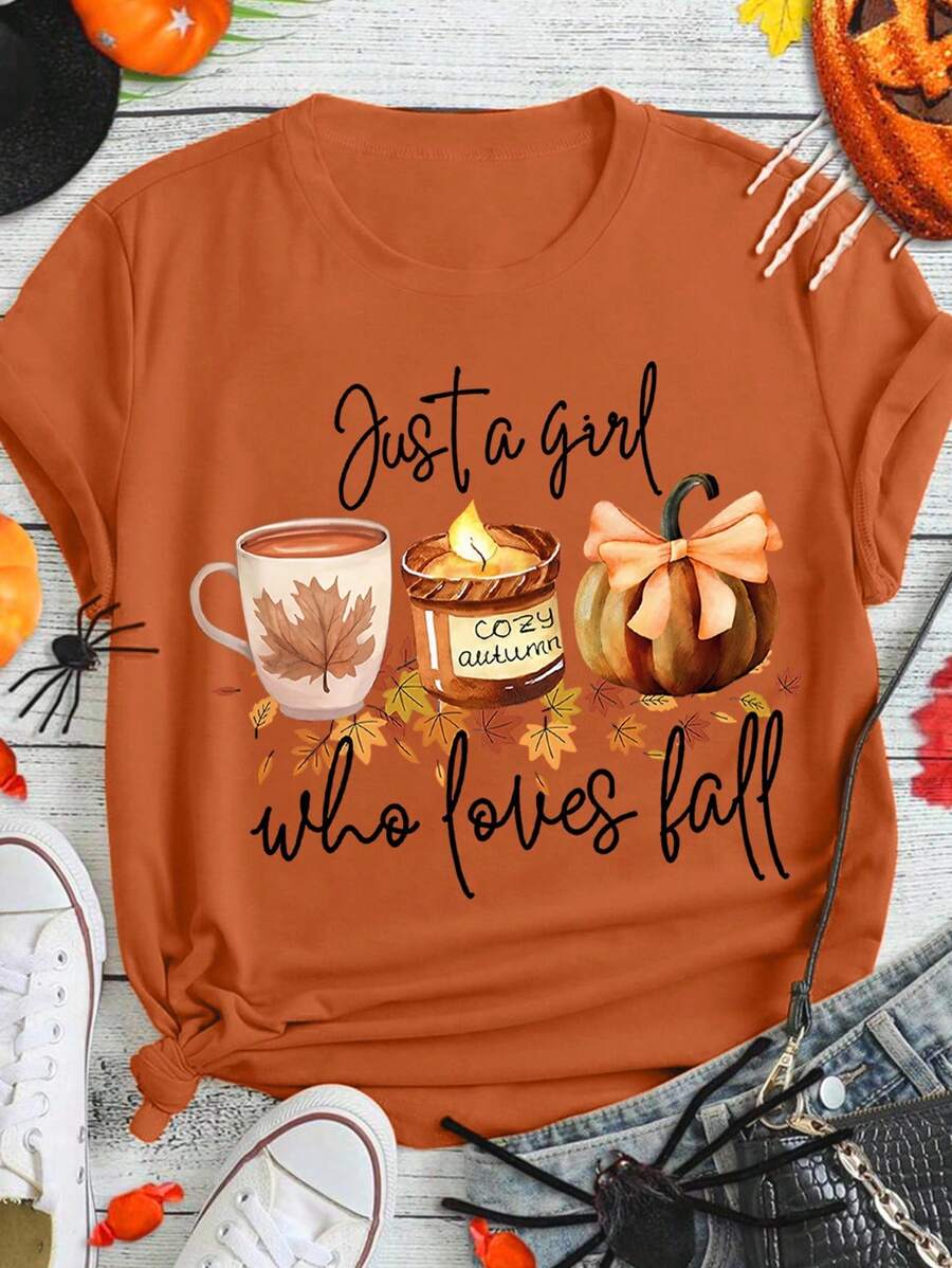 EMERY ROSE Pumpkin Spice Autumn Printed Casual Plus Size T-Shirt Halloween - Brown - View 1