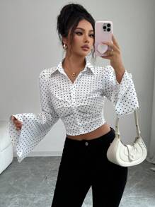 INAWLY Women's Elegant Casual Pleated Flare Sleeve Polka Dot Open Front Blouse, Suitable For Travel, Vacation, And Dates, Autumn/Winter Fall Cloth For Women - White - View 1