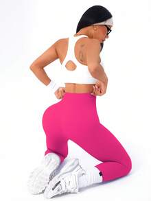 SHEIN Sports 女式高腰纯色罗纹无缝瑜伽紧身裤 - 玫紅色 - 查看 6