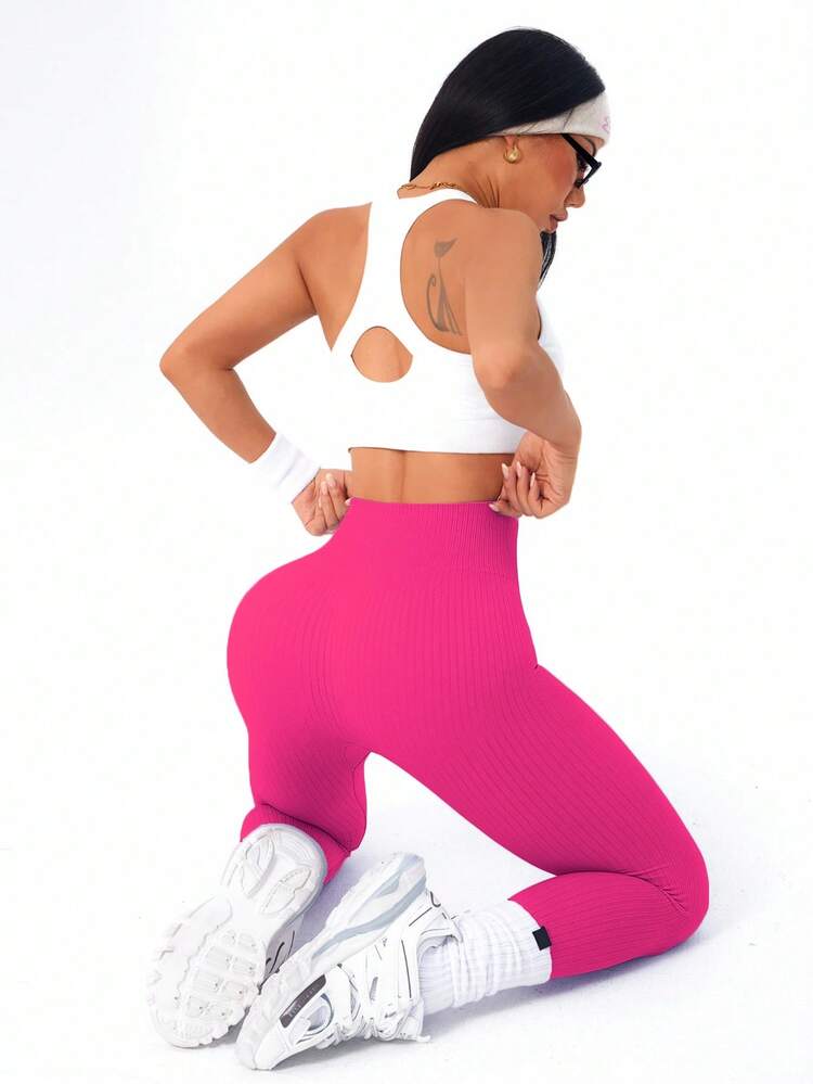 Core Rhythm 女式高腰纯色罗纹无缝瑜伽紧身裤 - 玫紅色 - 查看 6