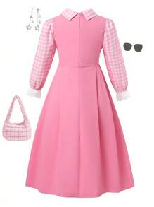 女童秋季连衣裙，时尚百搭校园风，胸前粉色蝴蝶结装饰，泡泡袖搭配蕾丝袖口，后背隐形拉链，适合外出、上学、购物、返校装，可搭配夹克 - 粉色 - 查看 2