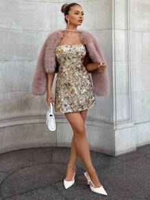 Glamine Charm 女士亮片装饰时尚露肩连衣裙 - 杏色 - 查看 1