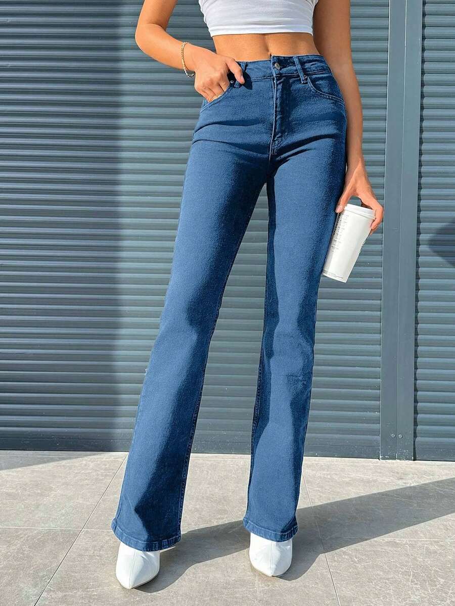 EURMUSE Quần jeans ống loe túi xéo chất liệu cotton 95% đơn giản, thoải mái - Màu xanh bụi bặm - Xem 1