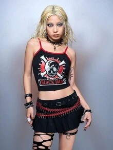 Black Jack X ROMWE Cartoon Figure Graphic Contrast Strap Tight Cropped Camisole Top - Black - View 4