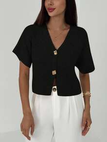 Aloruh 新款简约时尚通勤深V领短袖修身双扣开衫，休闲百搭