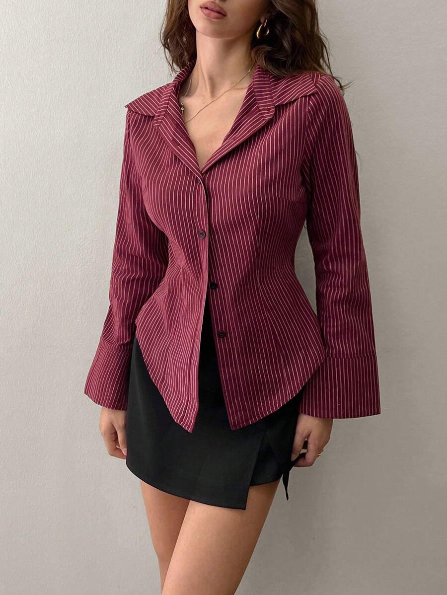 SHEIN Unity Striped Waisted Casual Shirt, Spring/Fall,Long Sleeve Tops - Burgundy - View 1
