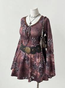 Sweetra Vestido casual de estilo universitario retro para mujer de talla grande, 2025 Nuevo, con cuello en V, abertura y lazo en el pecho, mangas acampanadas, silueta bohemia A-line estilo Y2K, vestido de moda vintage elegante para uso diario, escuela, citas, té de la tarde, vacaciones