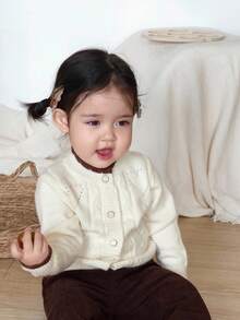 DAZY Áo khoác cardigan dài tay họa tiết trái tim và hoa phong cách Hàn Quốc thu đông cho bé gái màu tương phản - Màu be - Xem 10