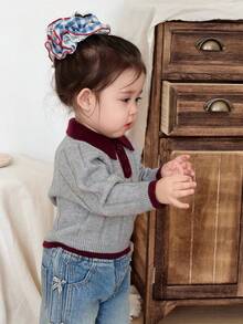 DAZY Baby Girls' Casual Contrast Color Collared Long Sleeve Sweater, Korean Style Fall,Winter - Grey - View 6