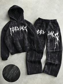 PAVTROS Manfinity Streetrush Men's Street-Style Popular INS Matching Distressed Faded Black Thermal Lined Hoodie & Pants Set, Men 2 Pieces Set, Goth, Drip Outfits, 2000s Style , Fall Clothes Winter, Outdoor Music Festival Nightclub Boyfriend/Husband Gift Anniversary Gift - Black - View 1