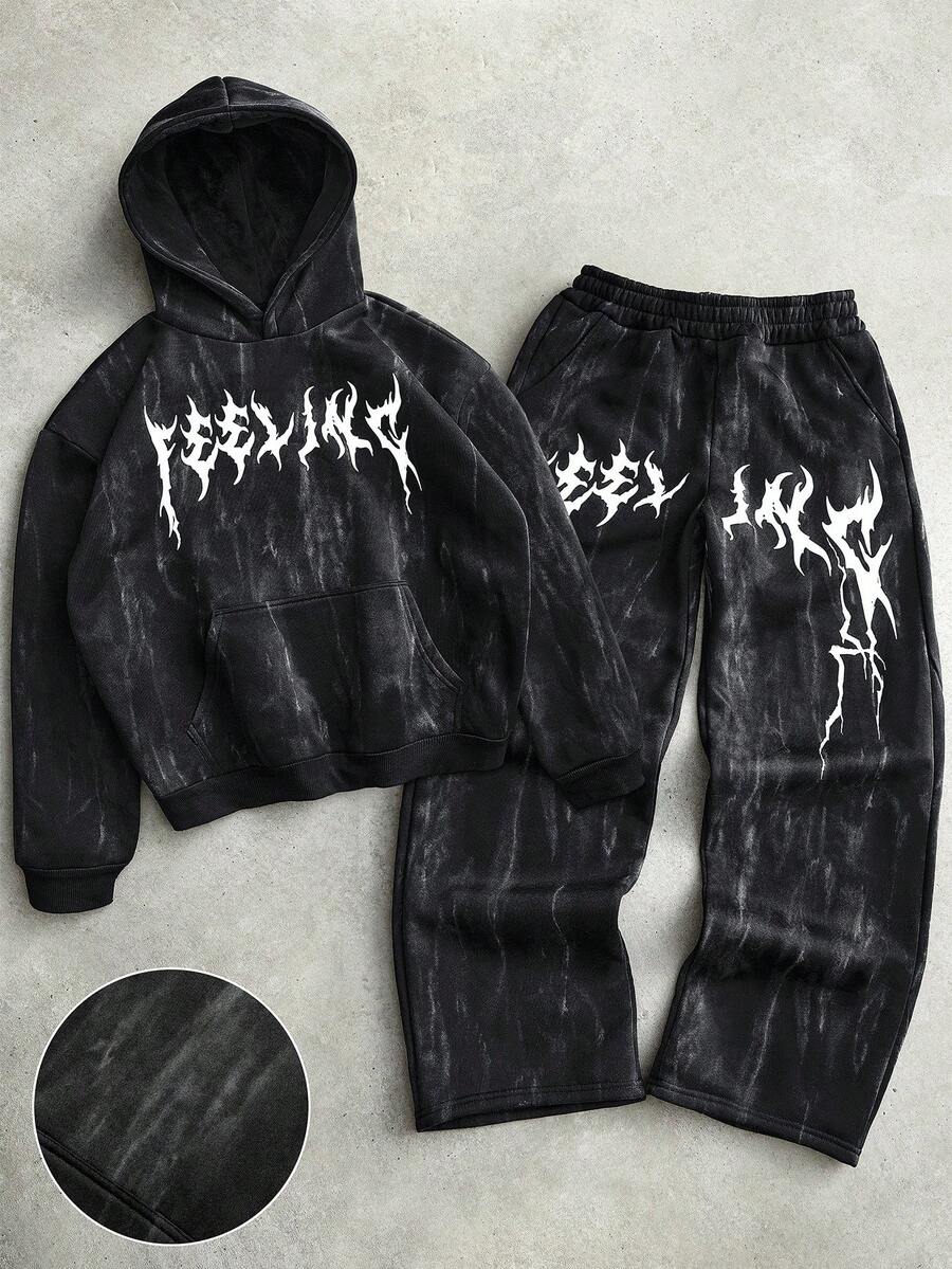 PAVTROS Manfinity Streetrush Men's Street-Style Popular INS Matching Distressed Faded Black Thermal Lined Hoodie & Pants Set, Men 2 Pieces Set, Goth, Drip Outfits, 2000s Style , Fall Clothes Winter, Outdoor Music Festival Nightclub Boyfriend/Husband Gift Anniversary Gift - Black - View 1