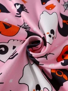 Conjunto de pijama de 2 piezas para niñas con estampado de calabaza y fantasma, de punto elástico, cómodo y suave, de cuello redondo y manga corta