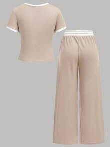 SHEIN Girlism Bộ áo thun bó sát dệt kim màu tương phản dành cho bé gái tuổi teen và quần cạp chun rộng rãi, trang phục thể thao đường phố, phù hợp cho mùa xuân/hè, trường học, bóng đá, hoạt động ngoài trời - Màu Khaki - Xem 2