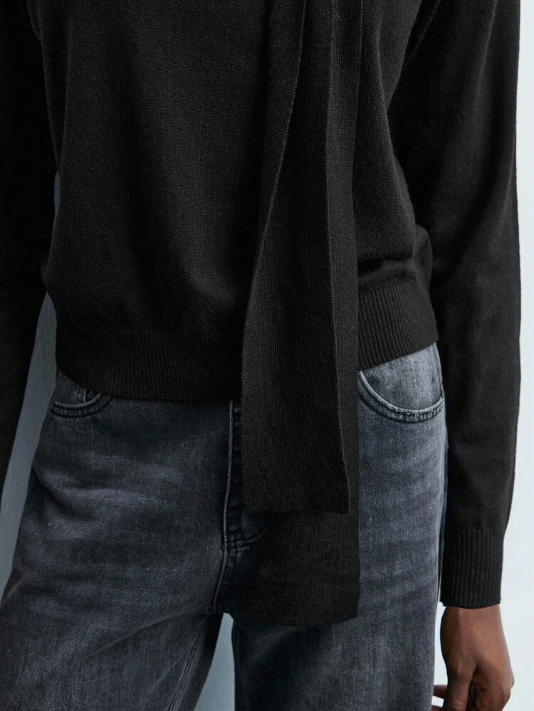 SHEIN Maija Black Ribbon Collar Metal Buckle Decor Long Sleeve Fitted Women Knit Top Black Stylish Clothing Collection Christmas Clothes Elegant Blouses For Women  Women's Social Blouse Christmas