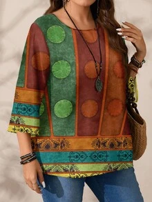 EMERY ROSE Casual Retro Pattern Plus Size Women's Loose Fit Round Neck 3/4 Sleeve Plus Size Printed Shirt, Autumn/Winter Chic Blouses For Women - Apricot - View 2