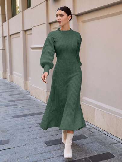 Women Baloon Sleeve And A-Lline Hem Detailed Maxi Sweater Dress