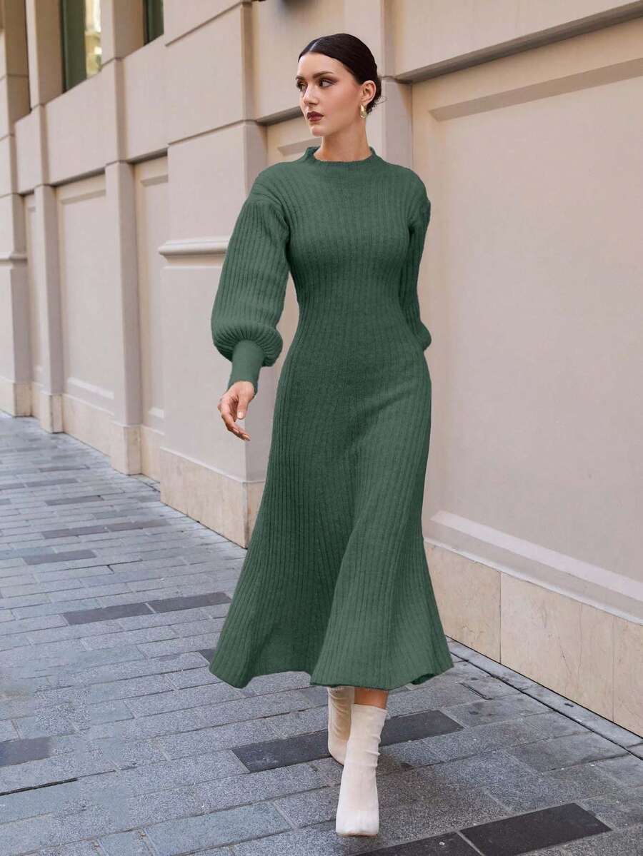 EURMUSE Abito maxi in maglia con maniche a palloncino e orlo a linea A - Verde militare - Visualizzare 1