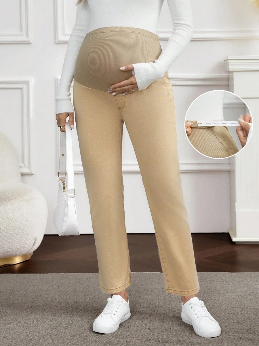 SHEIN Maternity Straight Leg Cropped Jeans, Spring/Summer - Khaki - View 1