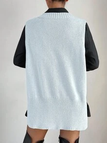 SHEIN ChicEase 女士休闲纯色V领宽松毛衣背心，日常穿着，秋季浅蓝色上衣，浅蓝色上衣，蓝色毛衣，毛衣上衣，浅蓝色女装 - 淺藍色 - 查看 2