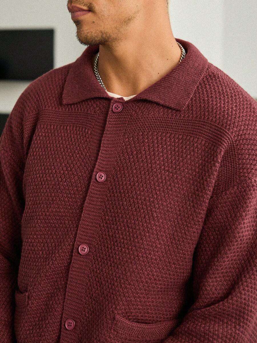 STEELVANCE 男士纯色长袖单排扣休闲针织开衫，秋季日常舒适加厚夏季棕色修身外出男士针织套装男士针织开衫90年代风格 - 咖啡棕 - 查看 1